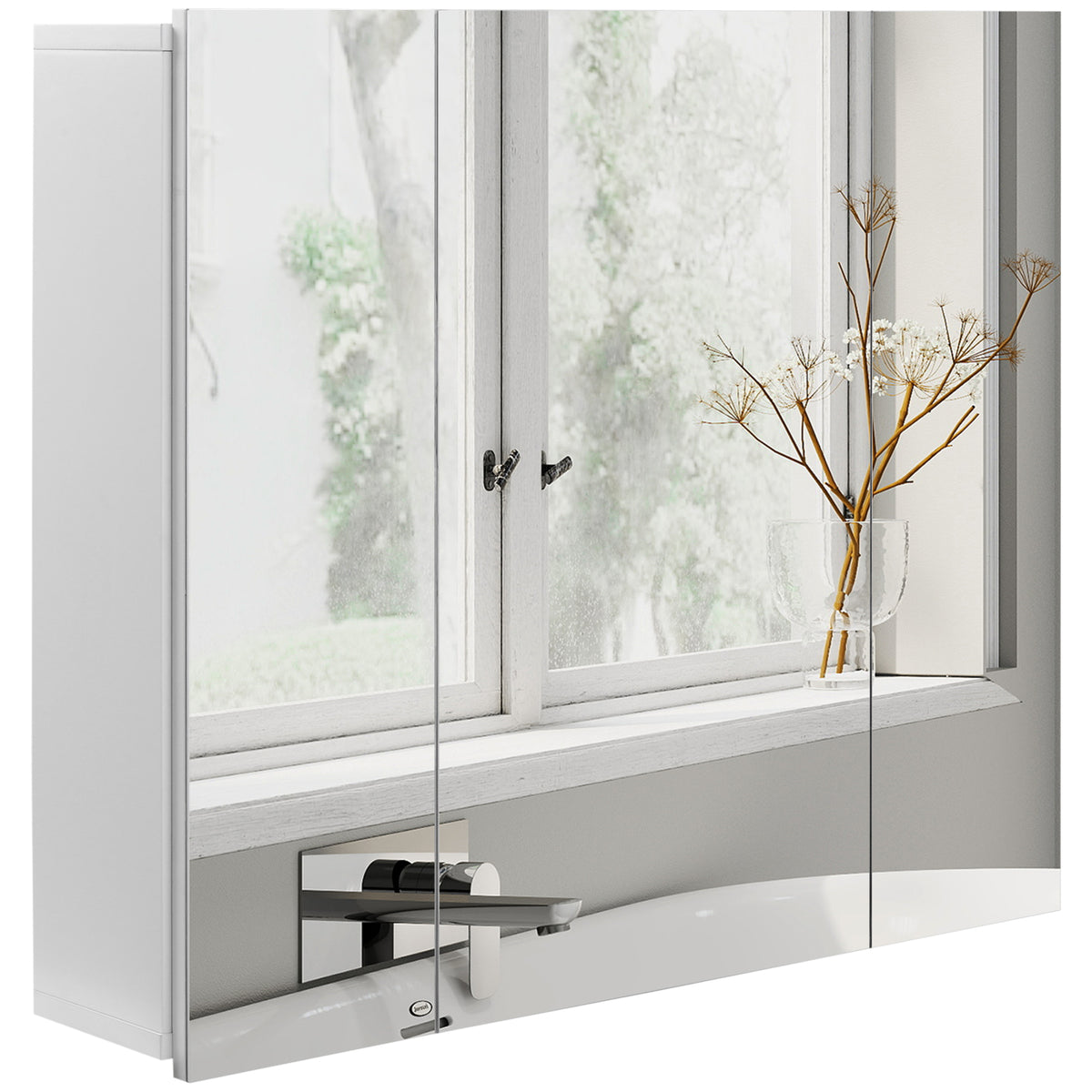 Armário de Casa de Banho com 3 Portas com Espelho Armário de Parede para Casa de Banho com Prateleiras Internas Ajustáveis 70x15x60 cm Branco — foto 1