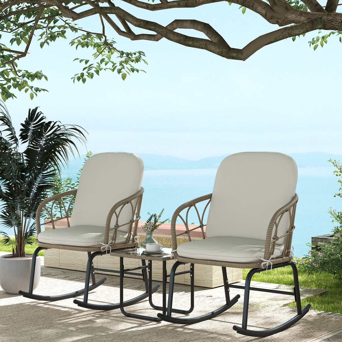 Conjunto de Móveis de Vime de 3 Peças Conjunto de Cadeiras de Baloiço de Jardim com 1 Mesa de Centro 2 Cadeiras de Baloiço e Almofadas para Jardim Varanda e Pátio Creme e Bege — foto 2