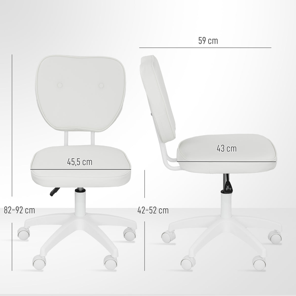 Cadeira de Escritório Estofada em PU Cadeira de Escritório Giratória com Altura Ajustável Sem Braços Carga 120 kg Cadeira de Estudo Dormitório 46x59x82-92 cm Branco — foto 3