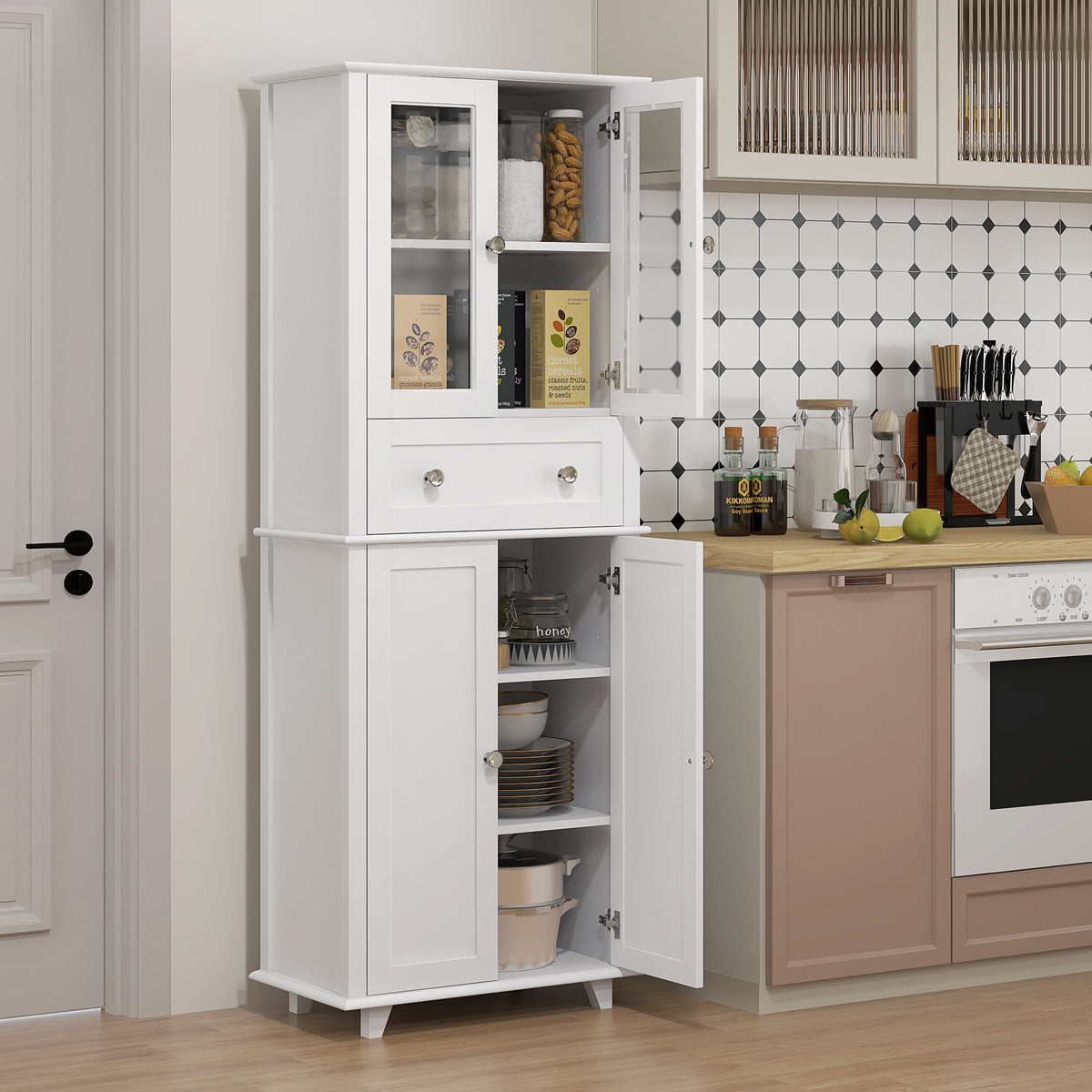 Armário de Cozinha Móvel Auxiliar de Cozinha com 2 Portas de Vidro Temperado Gaveta e Prateleiras Ajustáveis para Sala 61x35x168,5 cm Branco — foto 2