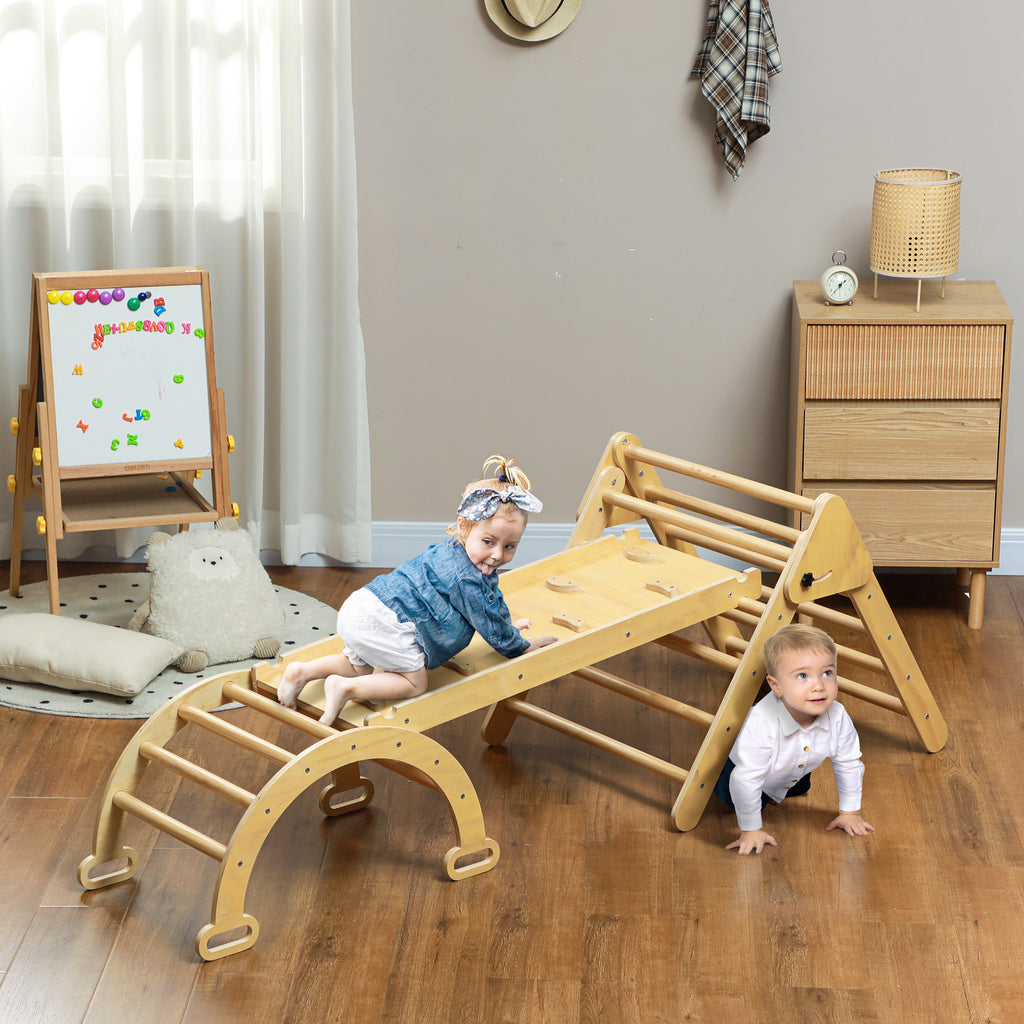 Triângulo de Escalada de Madeira 5 em 1 Escada para Crianças de 18-48 Meses com Rampa e Arco de Escalada para Deslizar ou Escalar 178x64,5x63 cm Madeira — foto 2