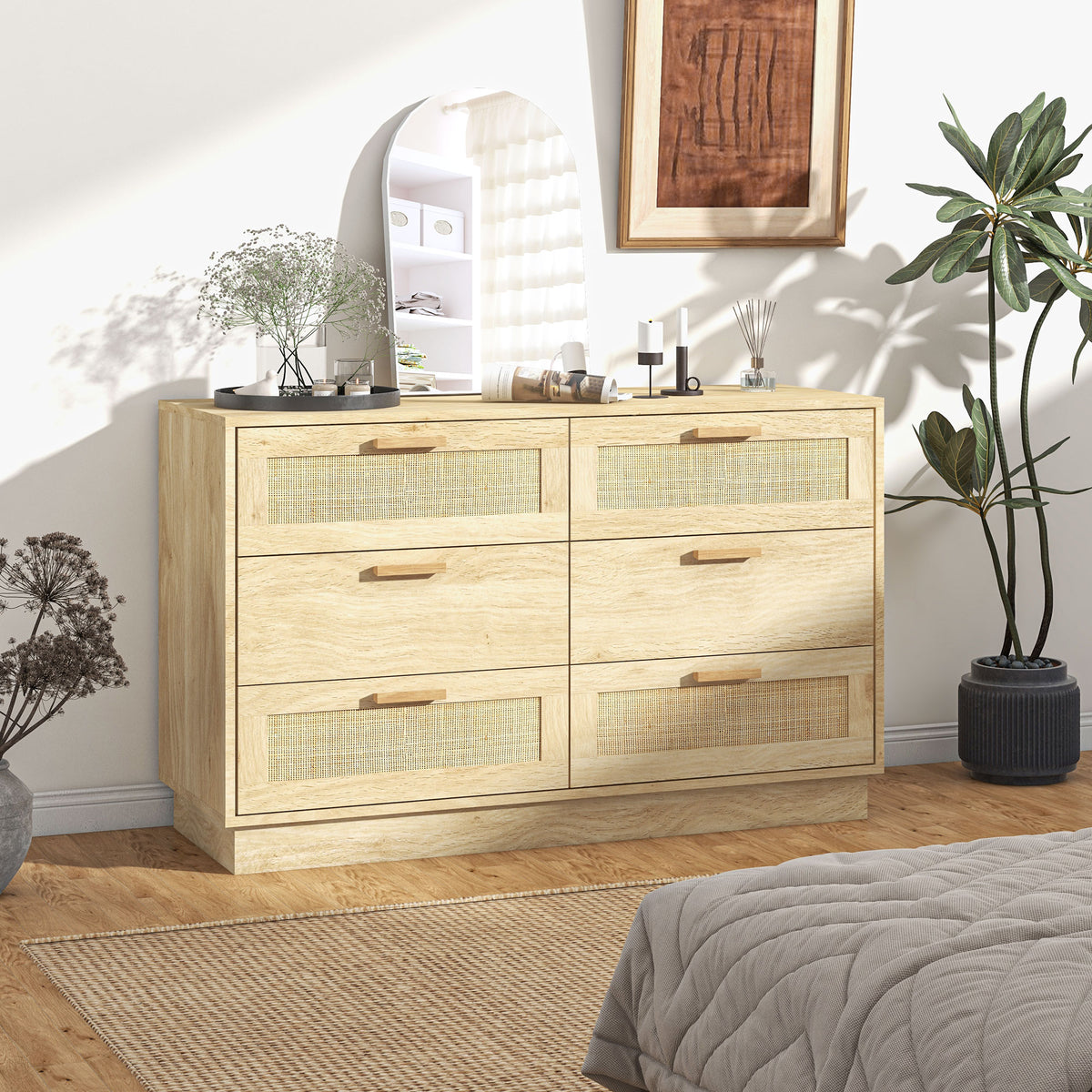 Cómoda para Quarto Cómoda de Madeira com 6 Gavetas de Vime Estilo Boêmio Cómoda para Corredor Sala de Estar Escritório 110x40x69 cm Carvalho — foto 2