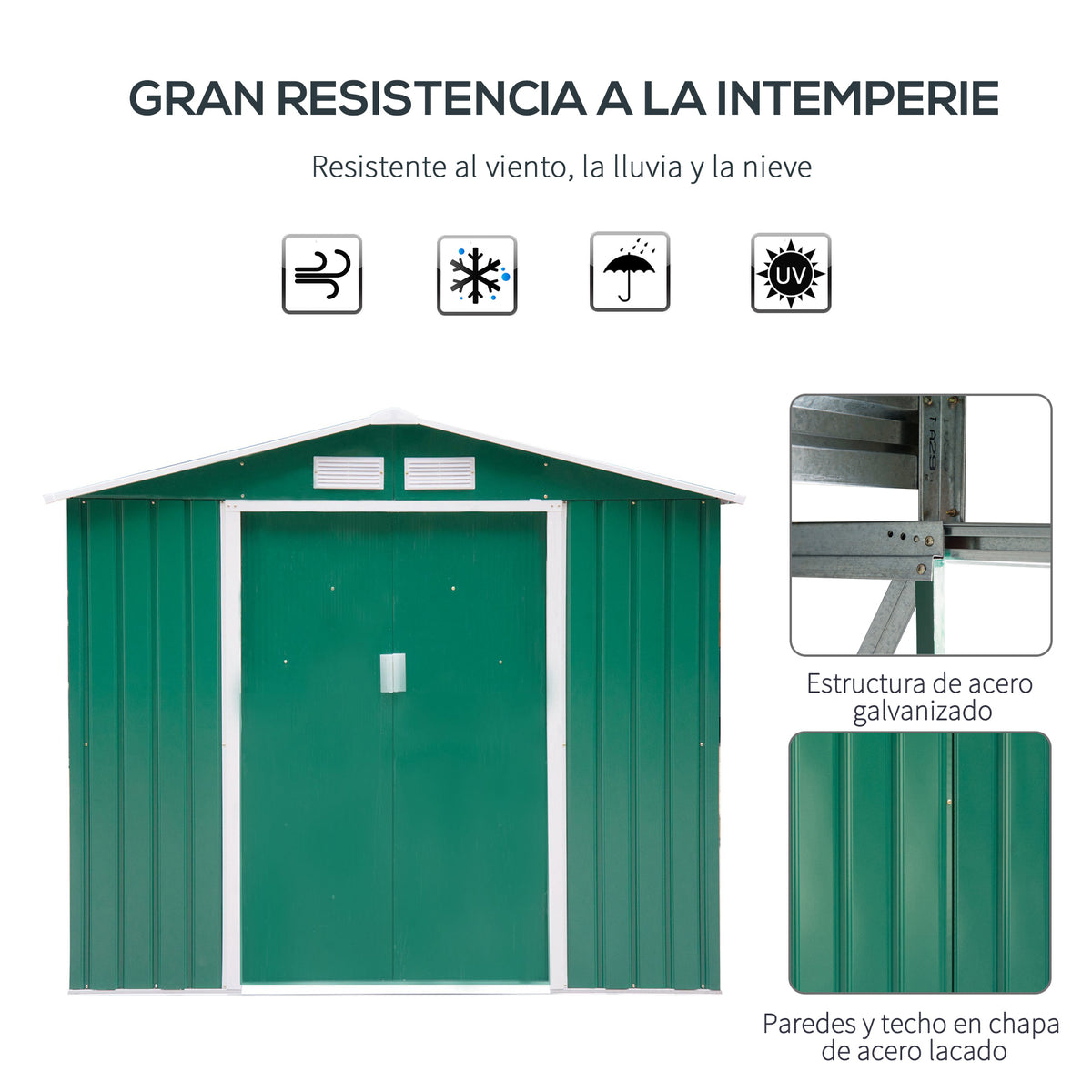 Abrigo de Jardim 213x130x185cm Abrigo de Jardim Metálico de Exterior para Armazenamento de Ferramentas com 2 Portas Deslizantes e 4 Janelas para Terraço Verde — foto 4