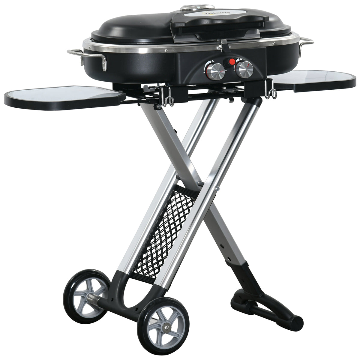 Barbecue a Gás 2,34 KW com 2 Queimadores Termômetro Barbecuea Gás Portátil com 2 Rodas e 2 Prateleiras para Acampamento 100x41,6x82,5cm Preto e Prata — foto 1