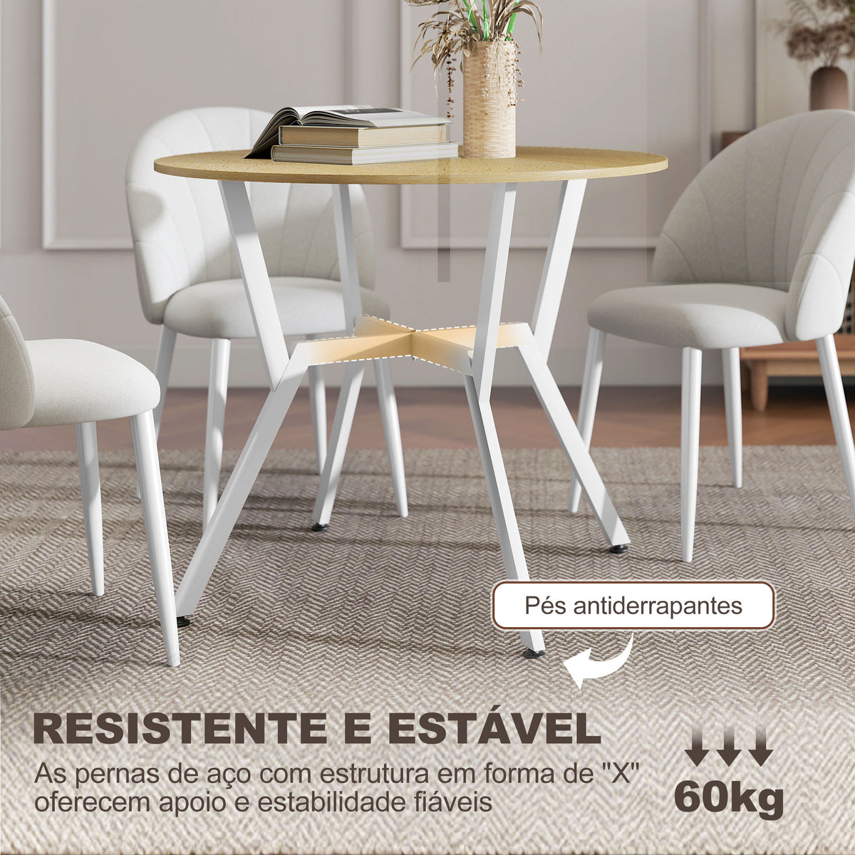 Mesa de Refeição Redonda Mesa de Jantar Estilo Industrial com Bancada de Madeira e Estrutura de Aço para Sala de Jantar Carga 60kg Ø90x76 cm Madeira e Branco — foto 5