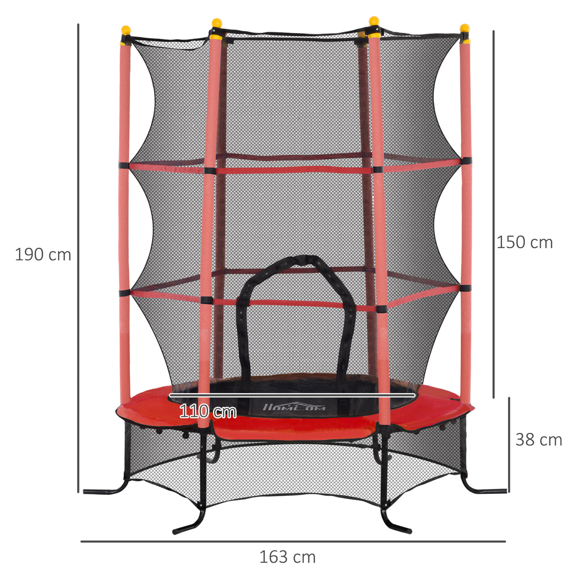 Trampolim para Crianças acima de 3 Anos Cama Elástica Infantil com Rede de Segurança e Estrutura de Aço para Interiores e Exteriores Carga 50 kg Ø163x190 cm Vermelho — foto 3