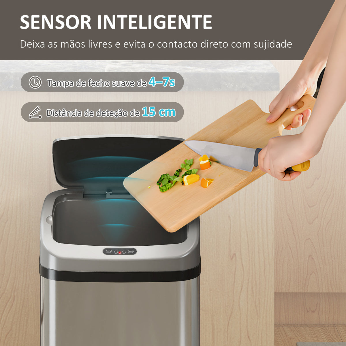 Balde de Lixo Automático para Cozinha 48 L Aço Inoxidável Sensor Infravermelho Fechamento Automático Antimarcas de Dedos para Escritório 33x25x69 cm Prata — foto 4