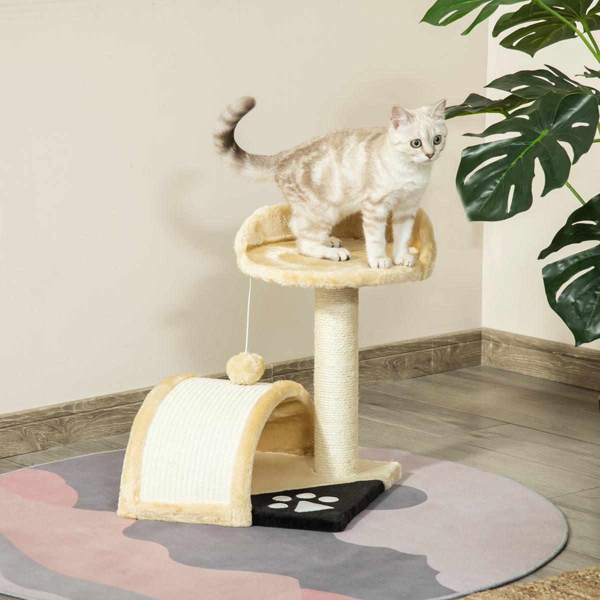 Árvore Arranhador para Gatos Pequena Altura 46 cm de 2 Níveis com Poste e Tapete de Arranhar Cama e Bola Suspensa 35,5x37x46 cm Bege — foto 2