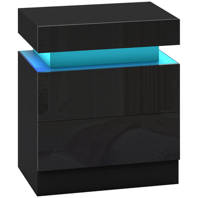 Comodino con luce LED, pannello lucido, 2 cassetti e telecomando 45x35x52 cm nero