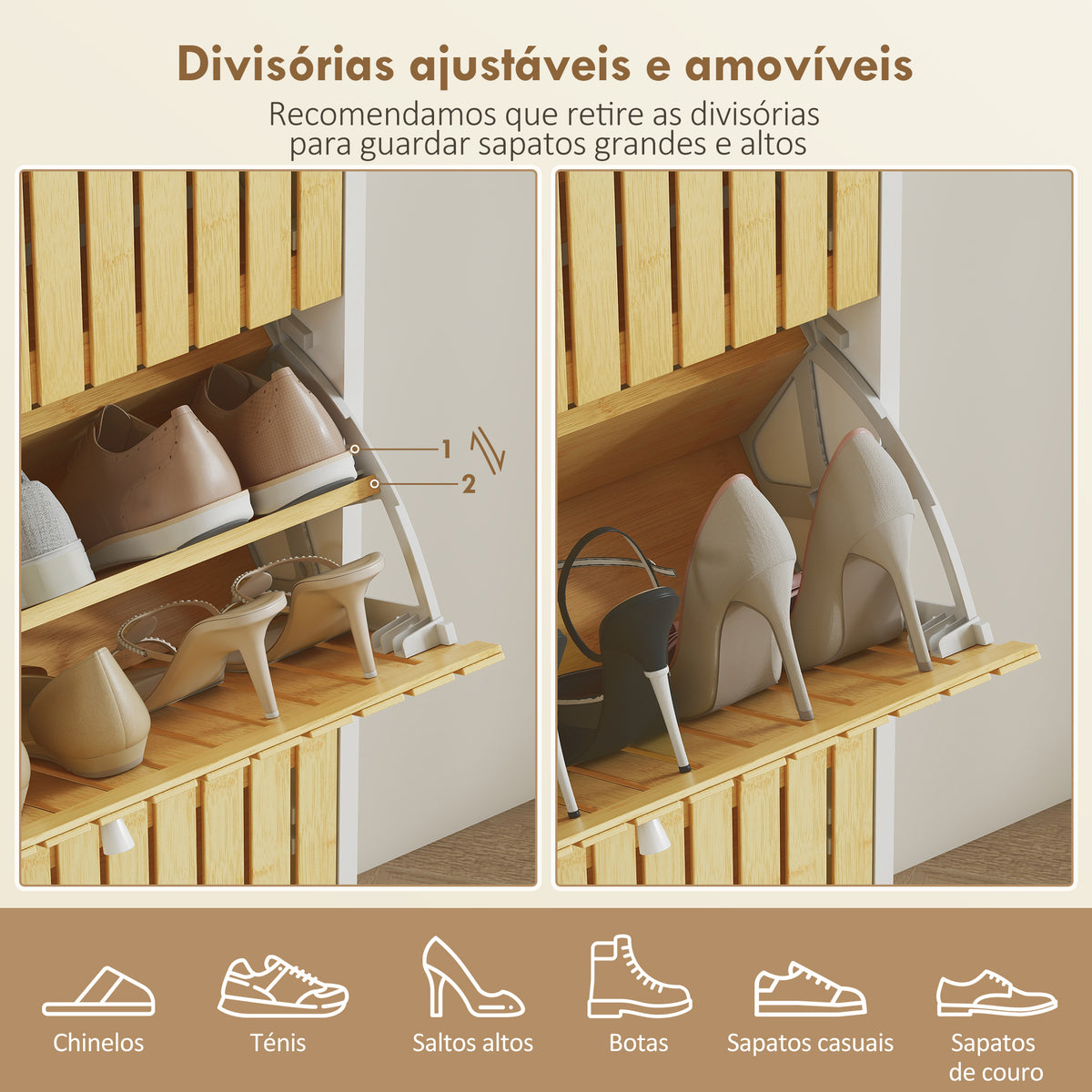Sapateira Estreita com 3 Portas de Bambu em Ripas Móvel Sapateira com Prateleiras Ajustáveis para 18 Pares de Sapatos 60x24x118 cm Branco e Madeira — foto 5