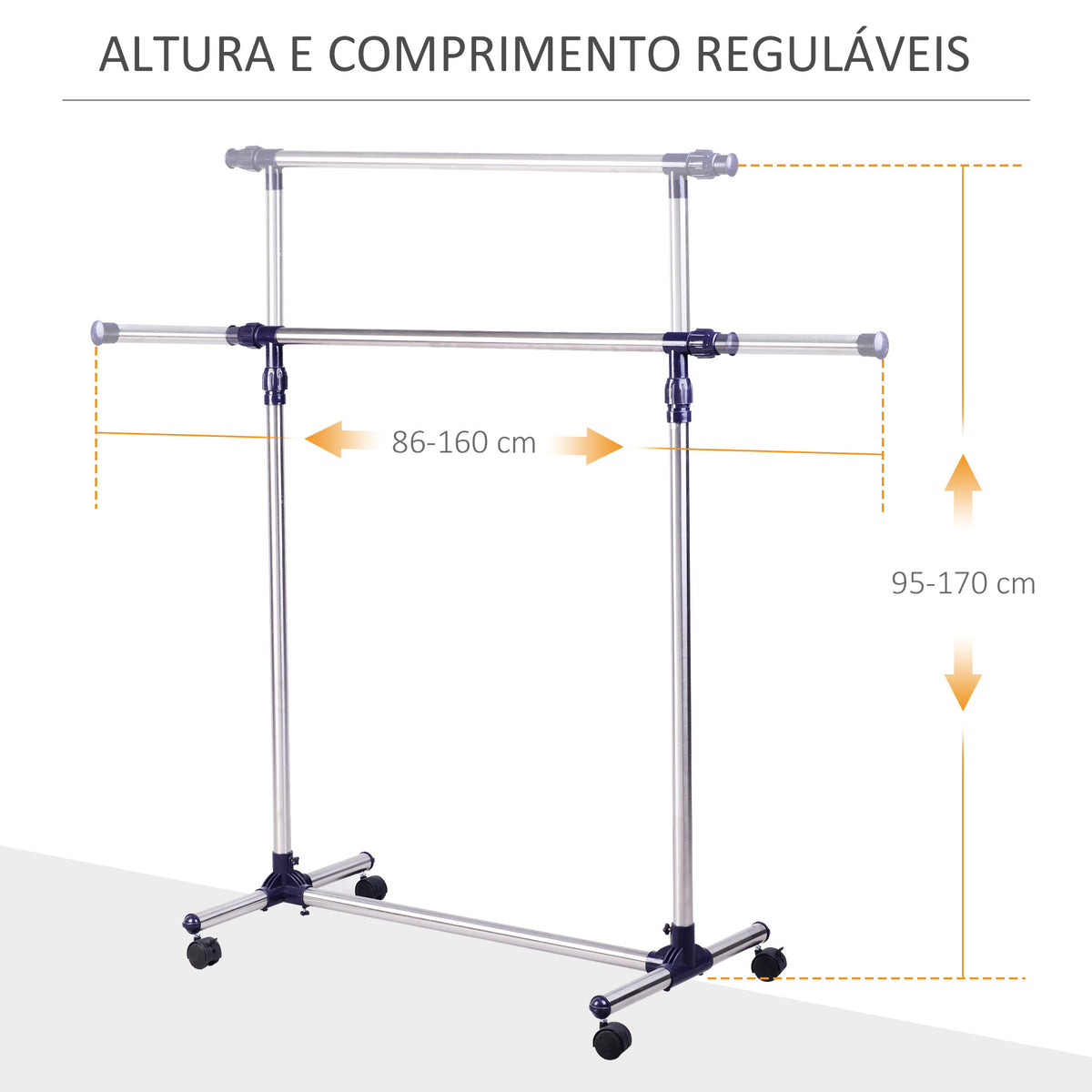 Charriot com Altura Ajustável Cabideiro com Rodas para Roupas Aço Inoxidável 86-160x45x95-170cm Prata e Preto — foto 4