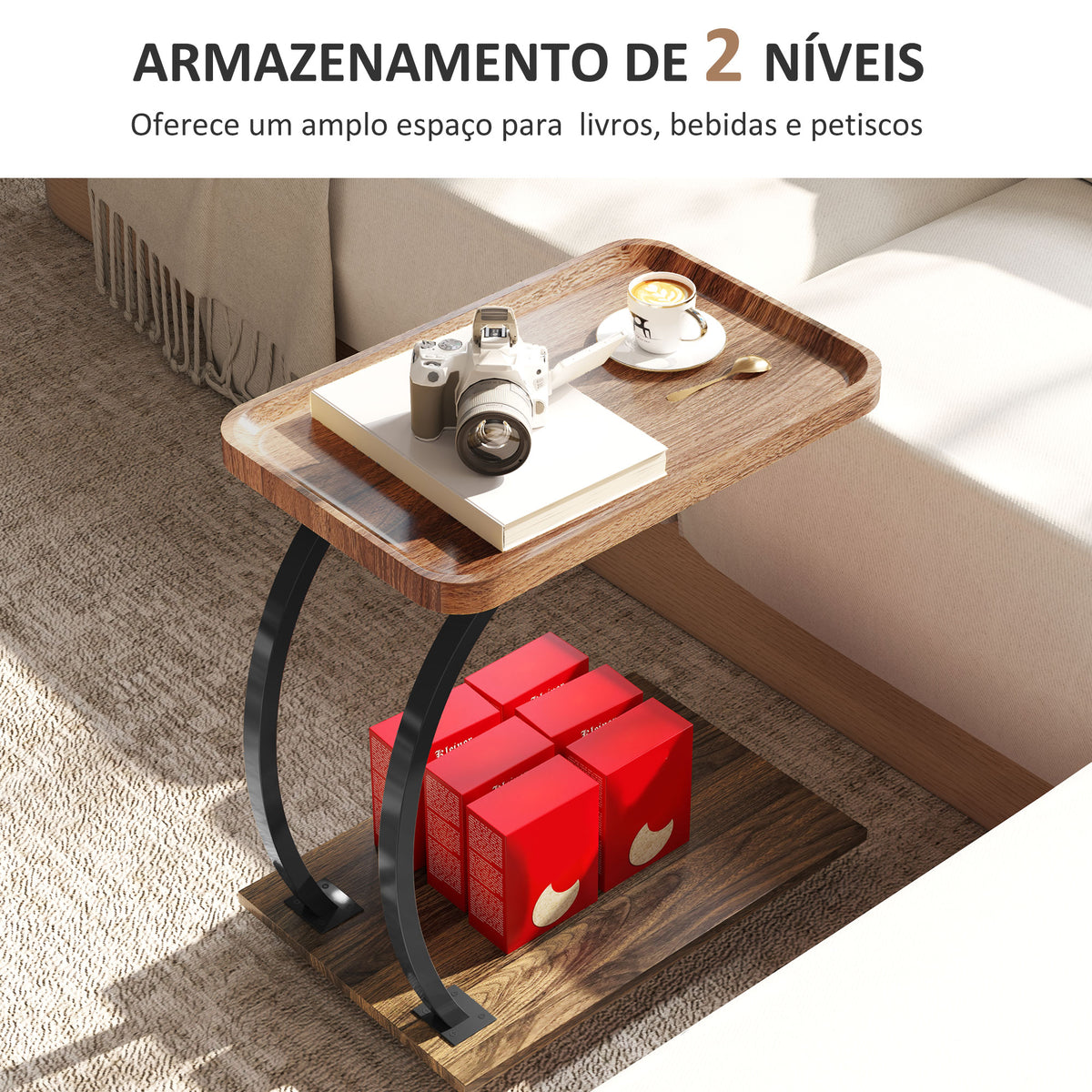 Mesa Auxiliar com Rodas Mesa Auxiliar em Forma de C para Sofá com Prateleiras Estrutura de Aço Mesa Auxiliar para Sala de Estar e Dormitório 52x34x60 cm Madeira e Preto — foto 5