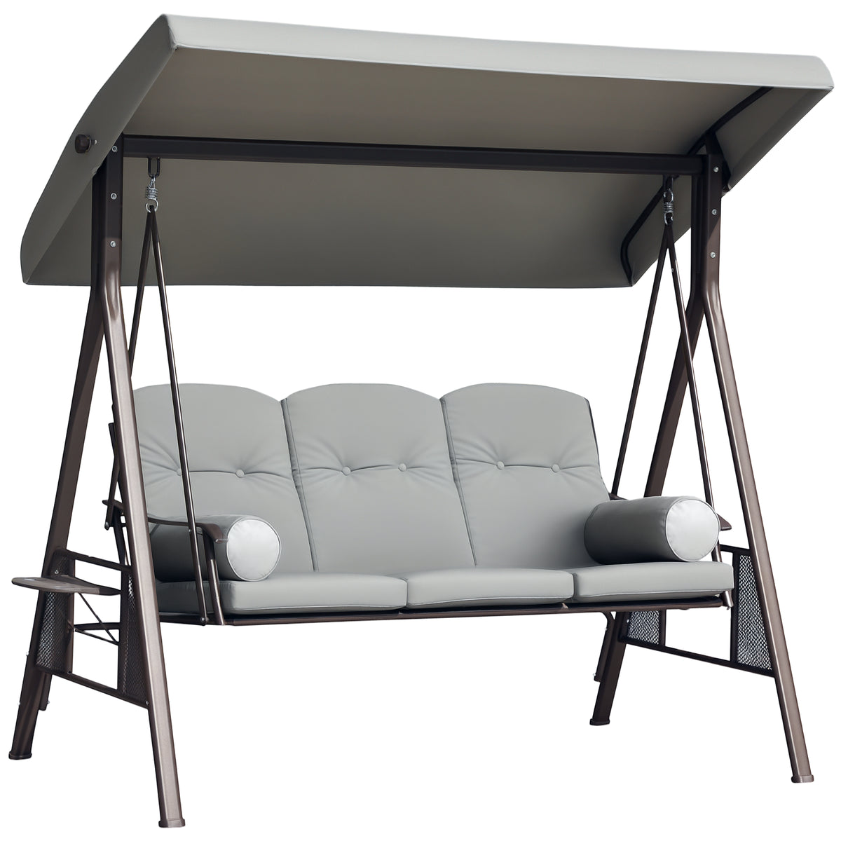 Banco Baloiço de Jardim de 3 Lugares com Teto 2 Almofadas Suporte para Bebidas e Estrutura de Metal para Terraço Balcão Exterior Carga Máxima 360kg 206x116x183cm Cinza — foto 1