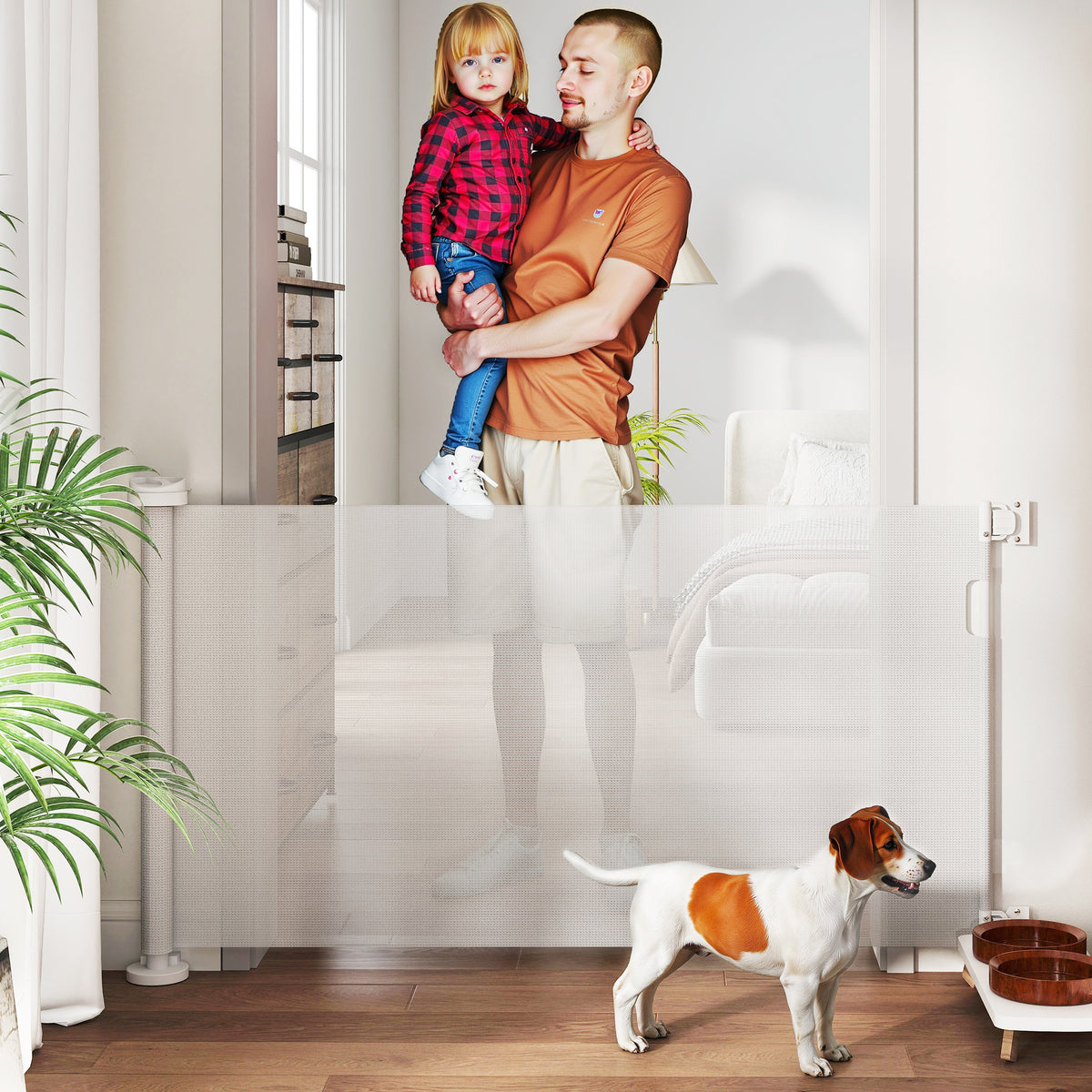 Barreira de Segurança para Cães Retrátil 0-136 cm Barreira para Cães Pequenos Extensível com Botão de Fecho Porta de Segurança para Corredores Escadas Interiores e Exteriores Branco — foto 2