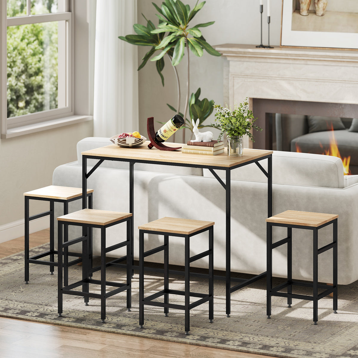 Conjunto de Mesa de Bar com 4 Bancos com Apoio para os Pés Conjunto de Móveis de 5 Peças Mesa de 100x60x88cm e Bancos de 32x32x57cm para Sala de Jantar Cozinha Preto e Carvalho — foto 8