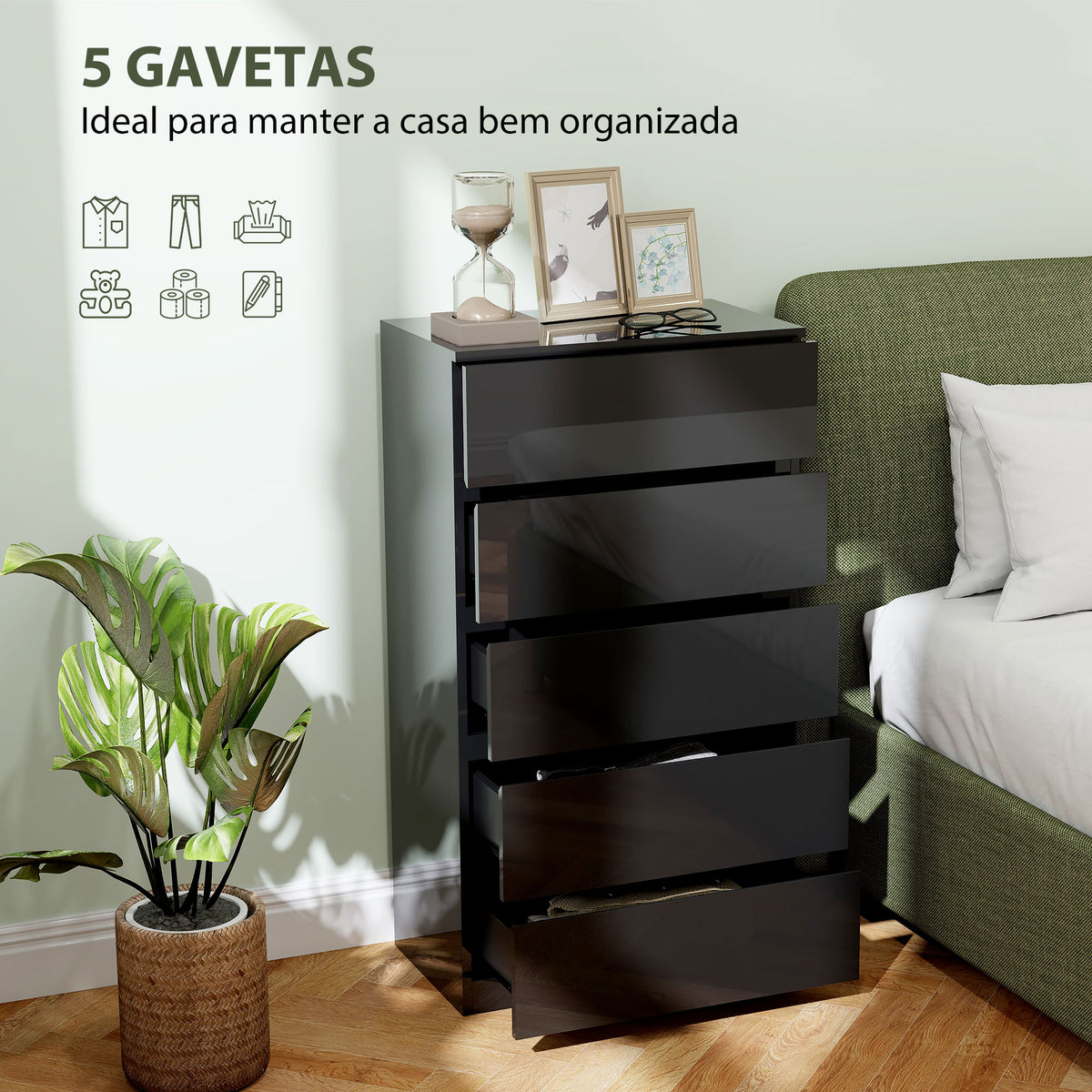 Cómoda com 5 Gavetas de Madeira Cómoda de Dormitório Cómoda Preta para Sala de Estar Estilo Moderno 55x34x100 cm Preto — foto 4