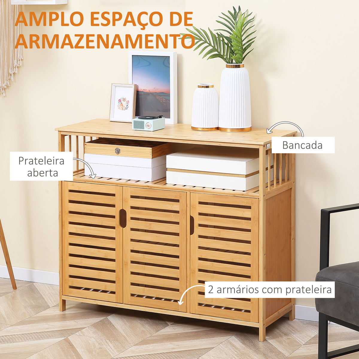 Aparador de 3 Portas Ranuradas Aparador para Sala de Estar em Bambu com Prateleiras para Sala de Jantar Cozinha Entrada 100x35x82 cm Madeira — foto 4
