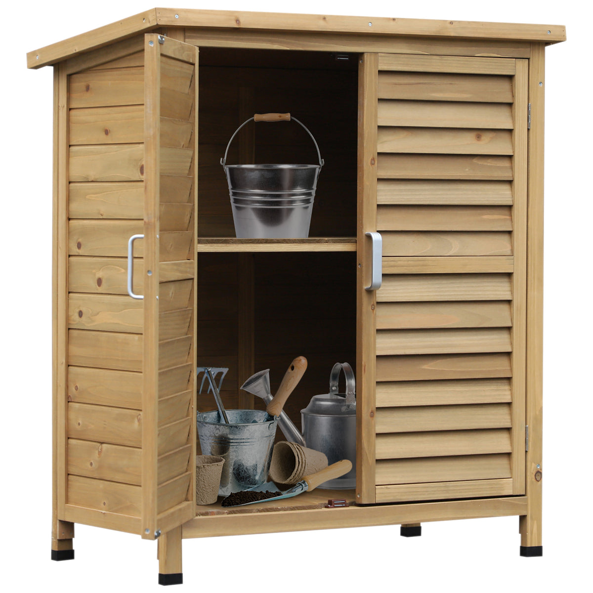 Armário de Armazenamento de Madeira para Jardim com 2 Prateleiras Interiores 2 Portas e Teto Inclinado para Exterior Terraço 87x46,5x96,5cm Natural — foto 1