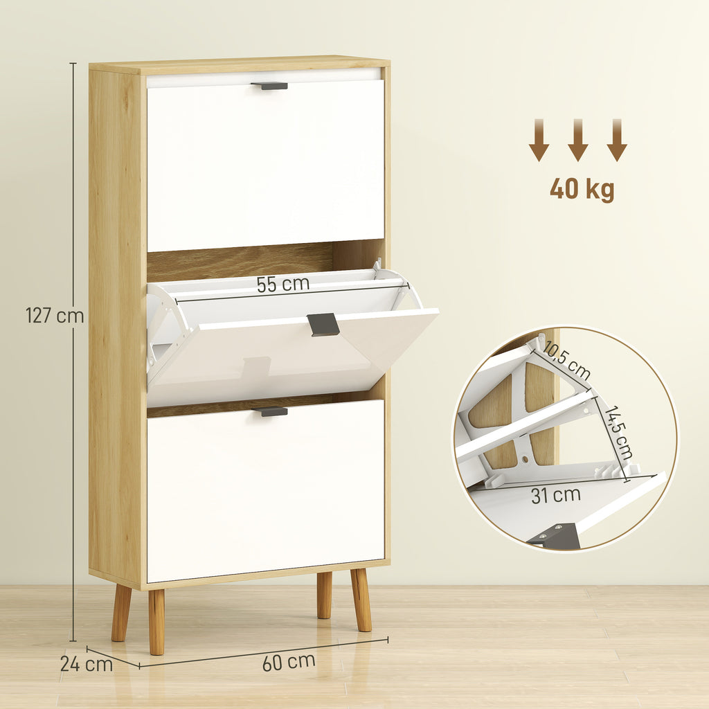 Sapateira Estreita com 3 Portas em Branco Brilhante Sapateira de Entrada com Prateleiras Ajustáveis e Pernas de Madeira para 18 Pares de Sapatos 60x24x127 cm Branco — foto 3
