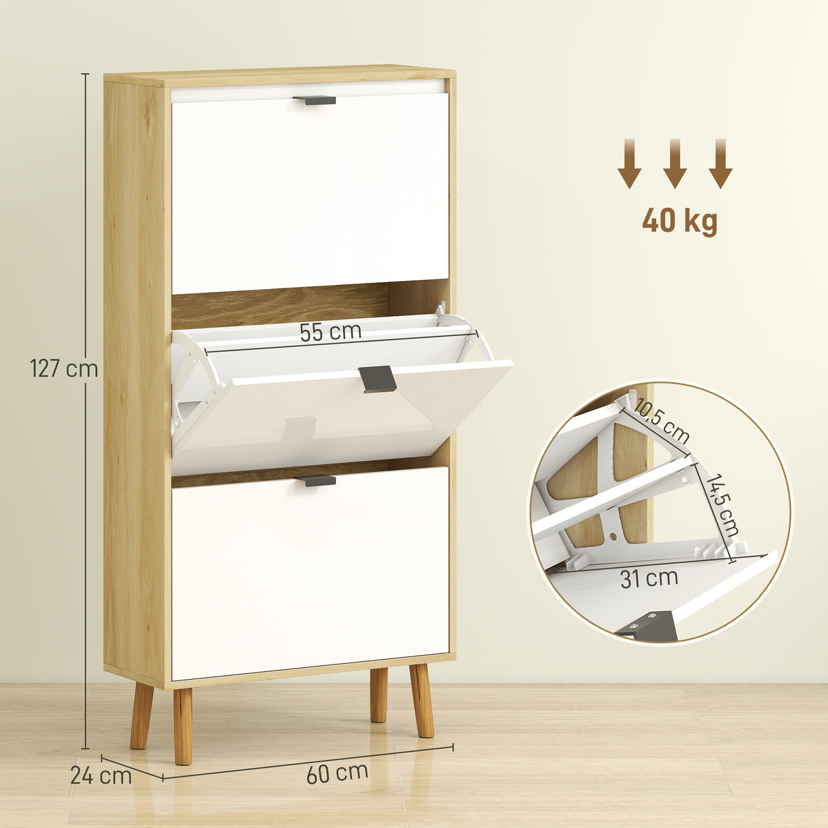 Sapateira Estreita com 3 Portas em Branco Brilhante Sapateira de Entrada com Prateleiras Ajustáveis e Pernas de Madeira para 18 Pares de Sapatos 60x24x127 cm Branco — foto 3
