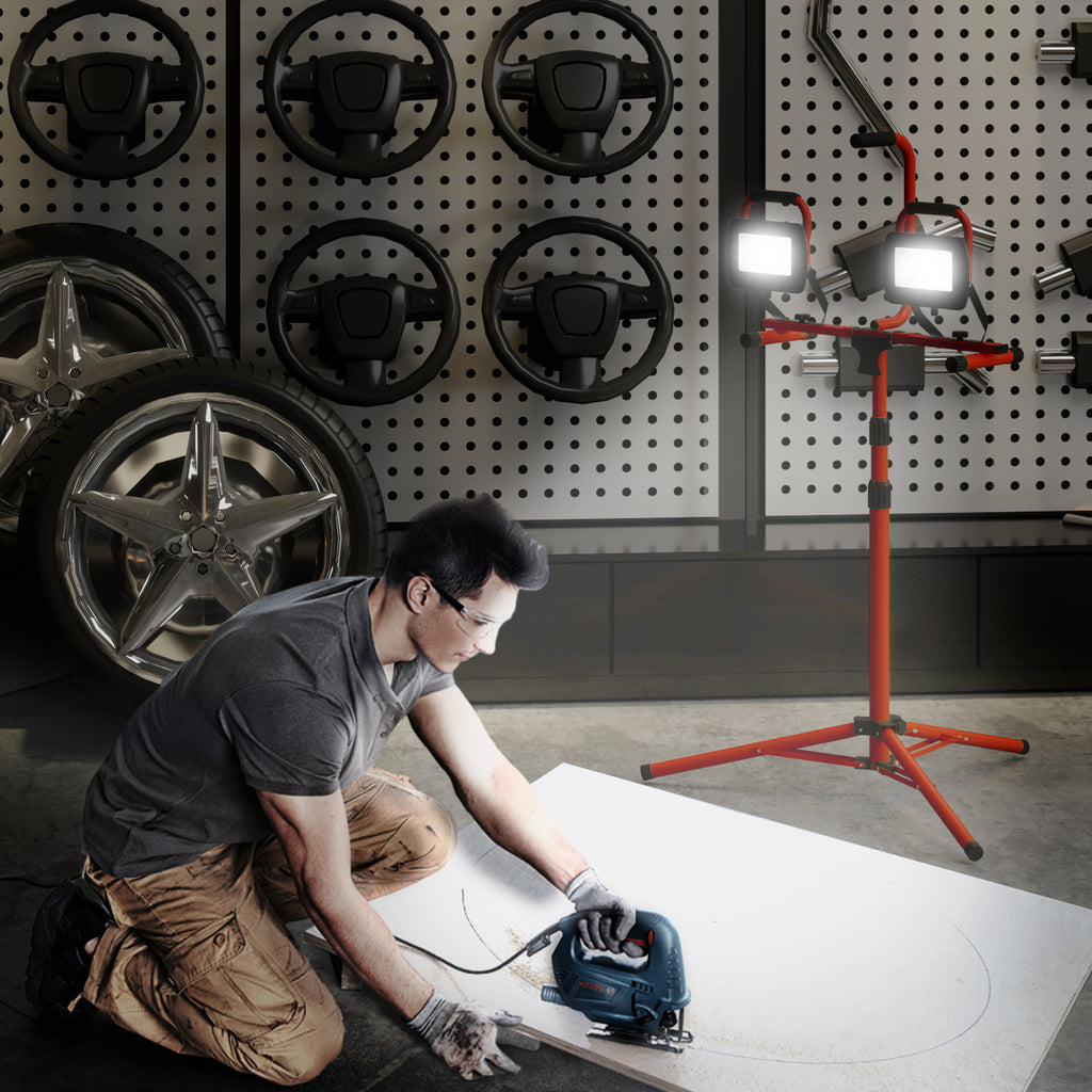 Projetor LED Duplo Recarregável de Alumínio com Tripé Dobrável 8500 Lúmenes IP65 6500K e Cabeças Ajustáveis para Trabalho Interior e Exterior Vermelho e Preto — foto 2