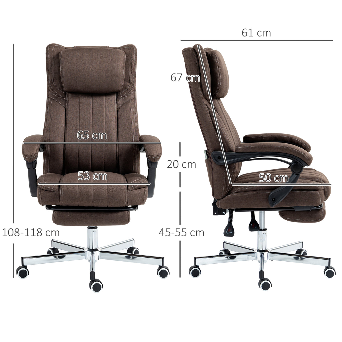 Cadeira de Escritório com 6 Pontos de Massagem por Vibração Cadeira de Escritório Reclinável com Altura Ajustável Controlo Remoto Encosto Alto e Apoio para a Cabeça 65x61x101-113 cm Marrom — foto 3