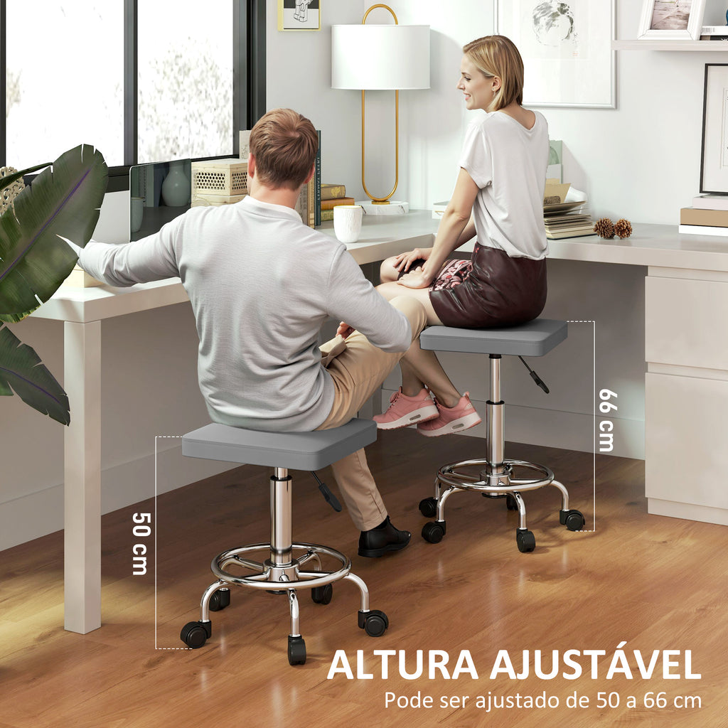 Banco Giratório Banco com Rodas Altura Regulável 50-66 cm Assento Estofado em Imitação de Couro Descanso para os Pés para Salões e Oficinas 34x34x50-66 cm Cinzento — foto 4