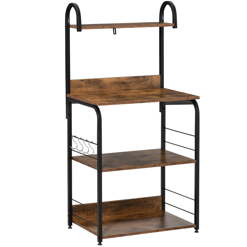 Estante de Cozinha Estante para Microondas com 4 Níveis Ganchos e Pés Ajustáveis Estante de Armazenamento 60x40x125 cm Marrom Rústico — foto 1