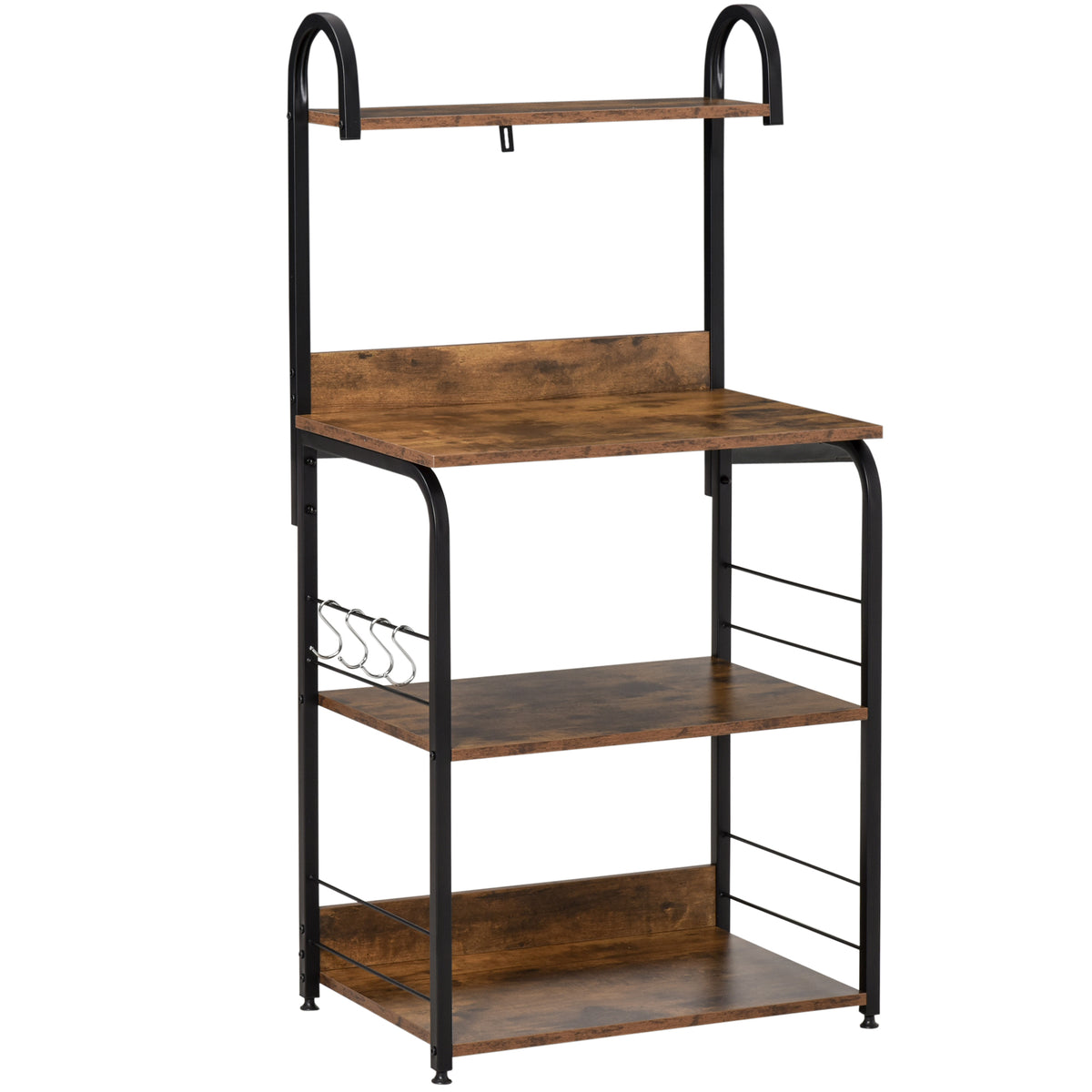 Estante de Cozinha Estante para Microondas com 4 Níveis Ganchos e Pés Ajustáveis Estante de Armazenamento 60x40x125 cm Marrom Rústico — foto 1