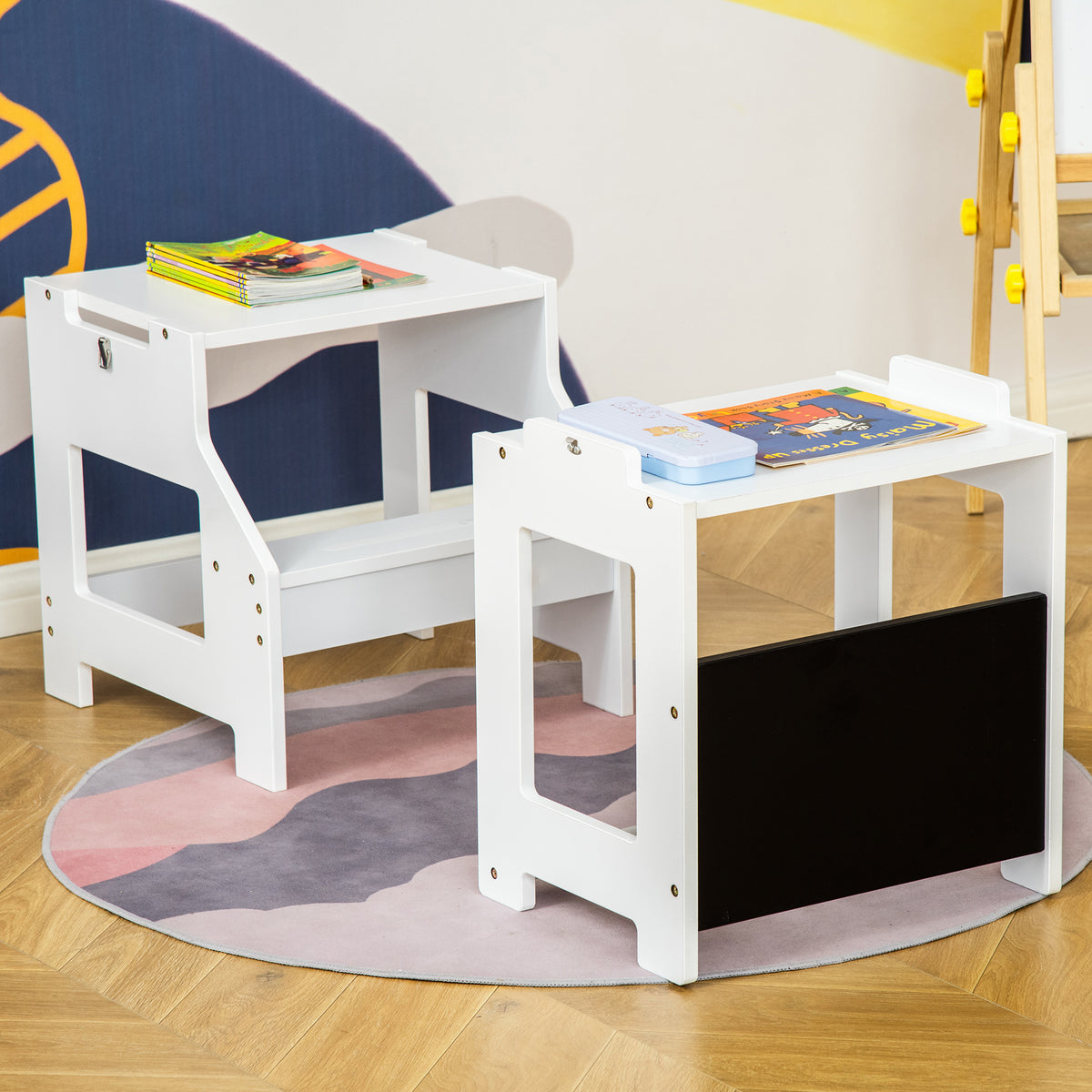 Torre de Aprendizagem para Crianças 3-6 Anos de Madeira Torre de Aprendizagem Infantil Convertível em Secretária com Ardósia e Barra de Segurança para Casa de Banho Cozinha 42x44x86cm Branco — foto 5