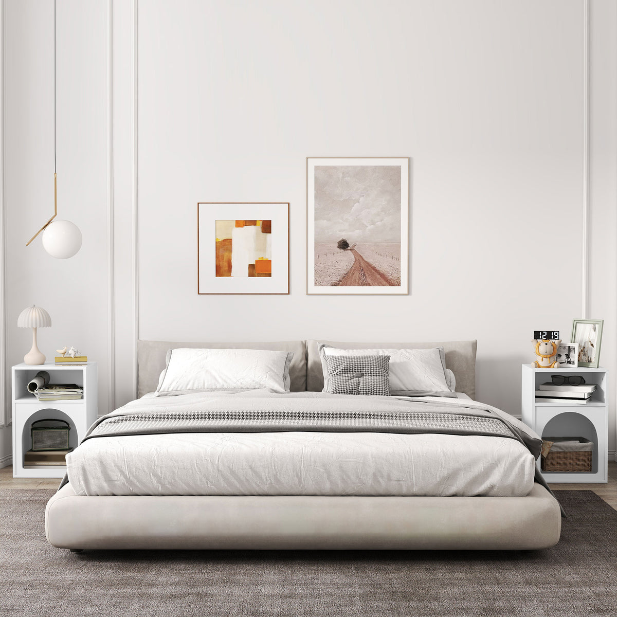 Mesa de Cabeceira Estreita com 2 Compartimentos Abertos, Design em Arco, 40x30x60 cm, Branco — imagem 3