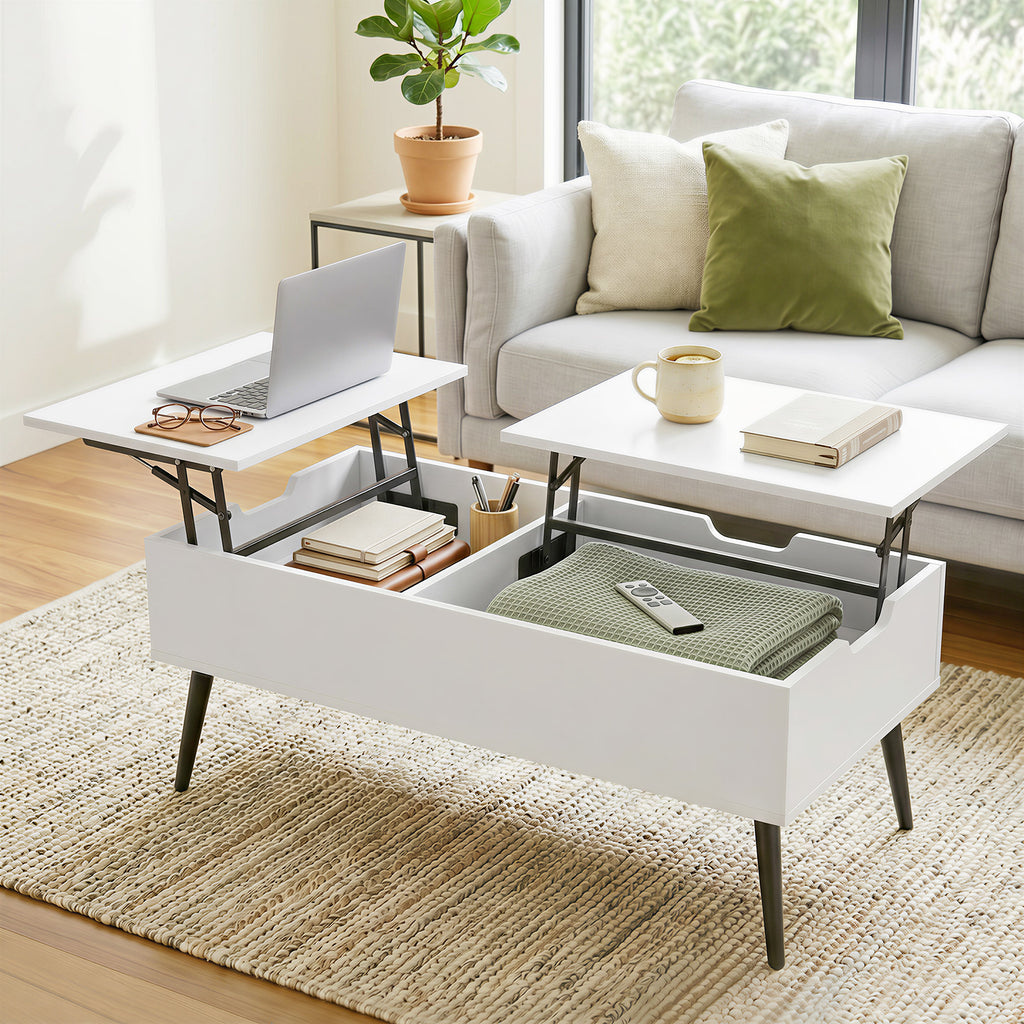 Mesa de Centro Elevatória com Tampo Duplo e Compartimento Oculto, Branco para Sala de Estar — imagem 3