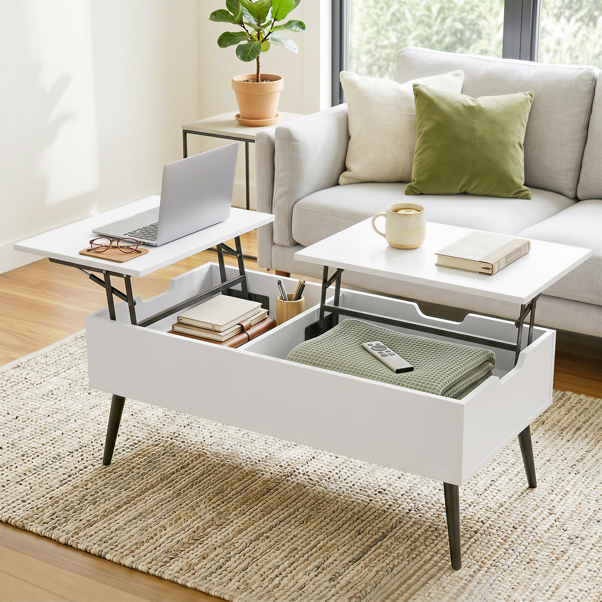 Mesa de Centro Elevatória com Tampo Duplo e Compartimento Oculto, Branco para Sala de Estar — imagem 3