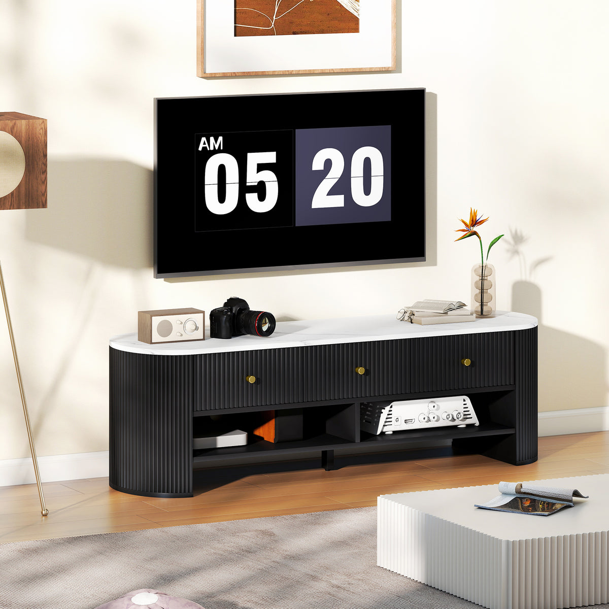 Móvel TV 140 cm Móvel para TV 165 cm Efeito Mármore com 3 Gavetas Frentes Caneladas 2 Prateleiras Preto — imagem 3