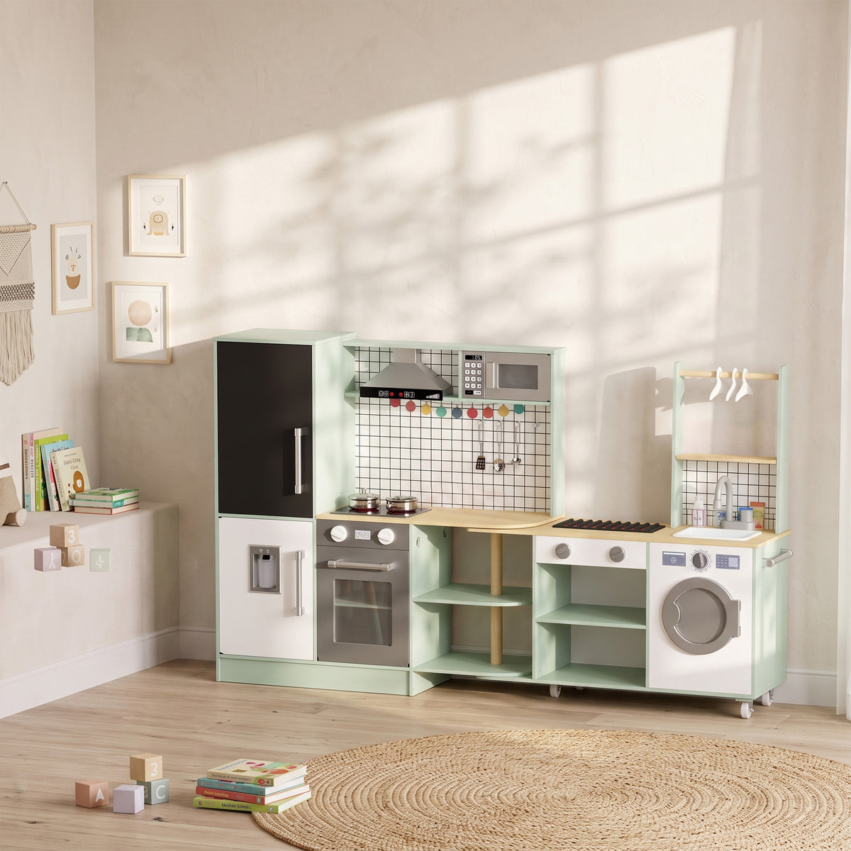 Cozinha Infantil Brinquedo de Imitação Micro-ondas Forno Bancada Rotativa com Rodízios 160x32x97,5 cm Verde Claro — imagem 3