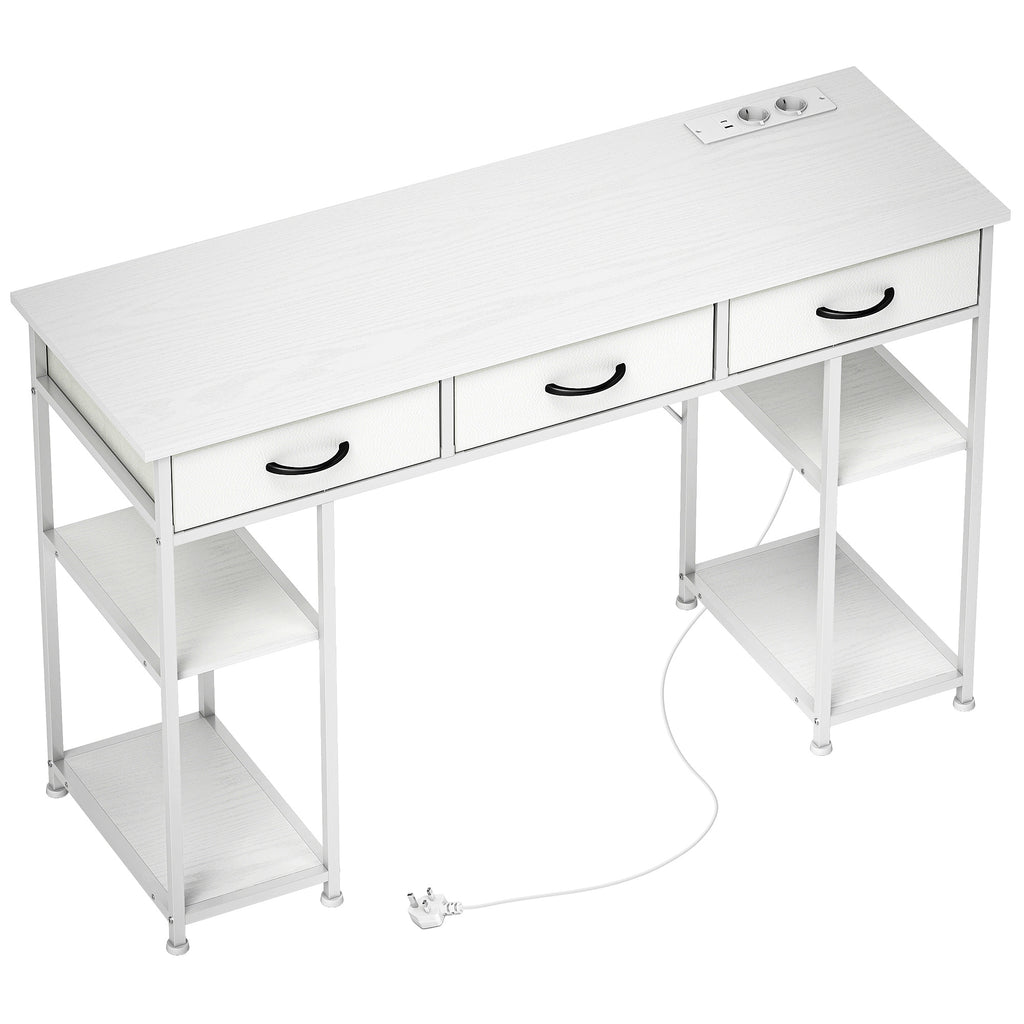 Mesa com Armazenamento com Tomadas Elétricas 3 Gavetas de Tecido e 4 Prateleiras de Armazenamento 120x40x76 cm Branco — foto 1