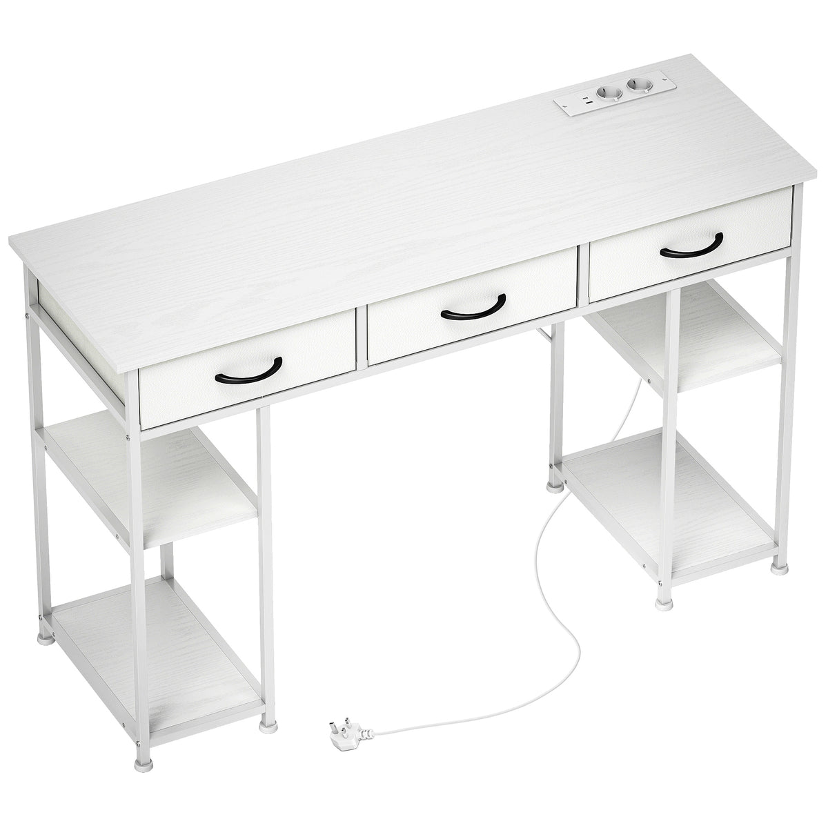 Mesa com Armazenamento com Tomadas Elétricas 3 Gavetas de Tecido e 4 Prateleiras de Armazenamento 120x40x76 cm Branco — foto 1