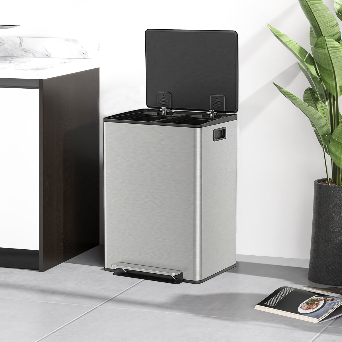 Balde de Lixo de Cozinha com 2 Compartimentos 2x30L Cubo de Lixo de Aço Inoxidável com Pedal Fechamento Suave e Cubo Amovível para Escritório Cozinha Prata — foto 8