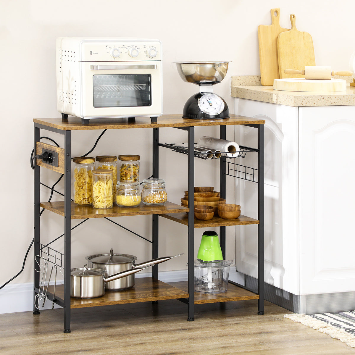 Estante de Cozinha Estilo Industrial Estante de Cozinha com Tomada Elétrica Prateleiras Ajustáveis Ganchos e Cesta Metálica 90x40x83 cm Marrom Rústico — foto 2