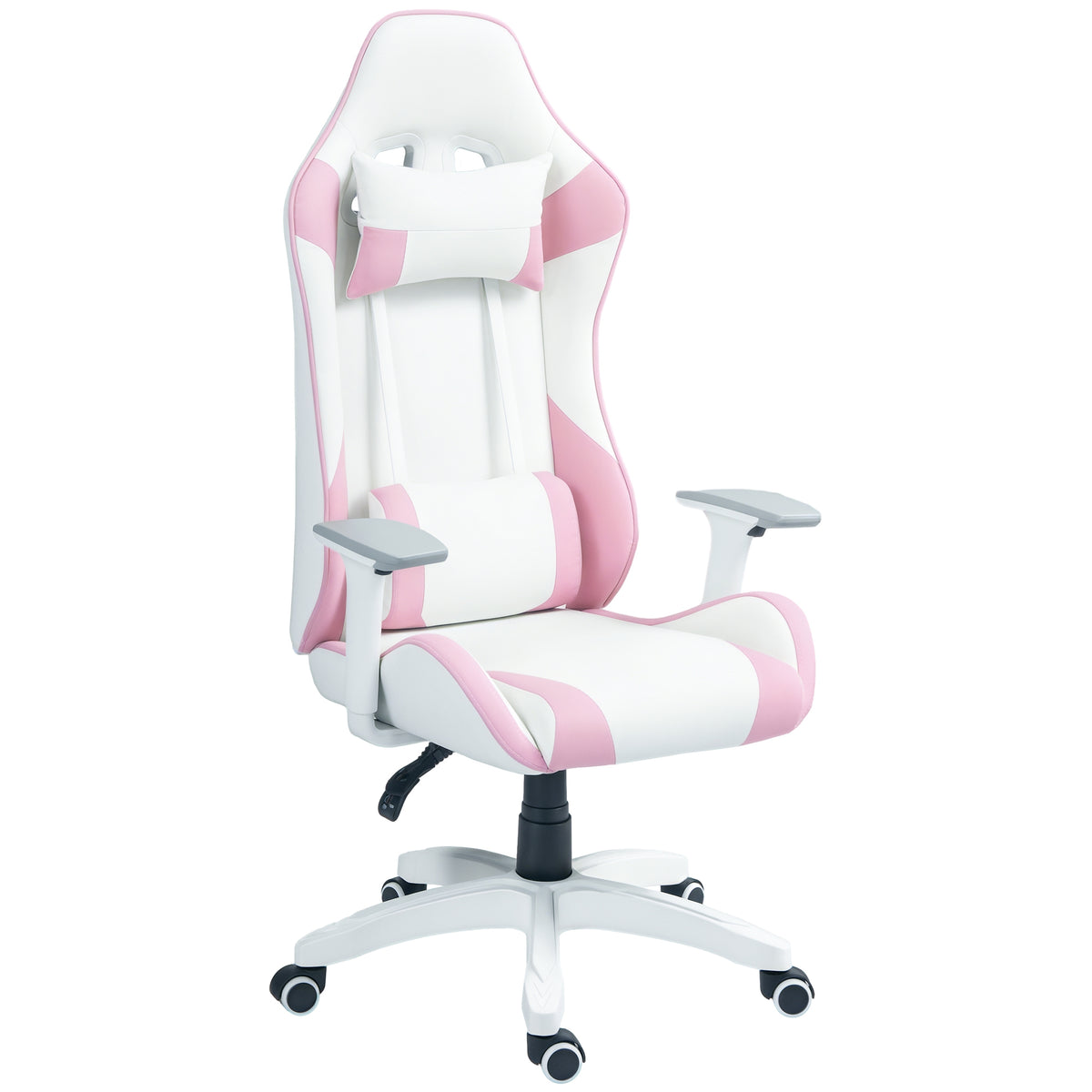 Cadeira Gaming Reclinável Cadeira Gamer Giratória com Almofada Lombar Apoios de Braços Ajustáveis Apoio de Cabeça Basculante e Altura Ajustável para Escritório 67x60x120-128 cm Branco e Rosa — foto 1