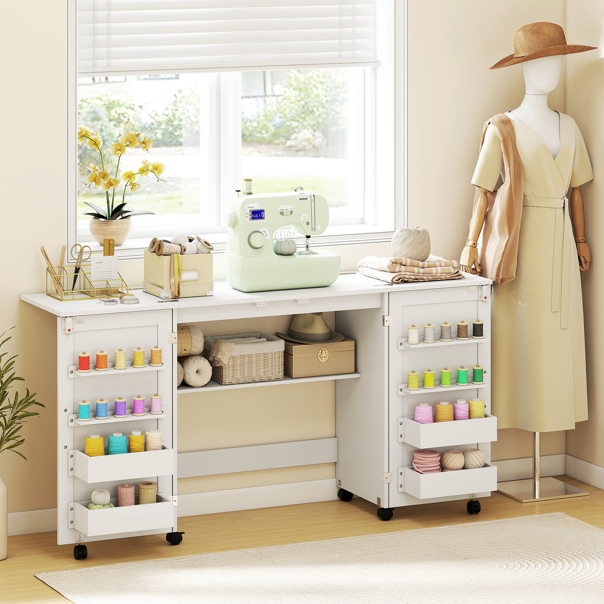 Mesa de Costura Dobrável com 6 Rodas Móvel para Máquina de Costura com 20 Pinos para Fios 4 Compartimentos Prateleira Armário de Costura para Estúdio Sala 160x40x81,5 cm Branco — foto 2