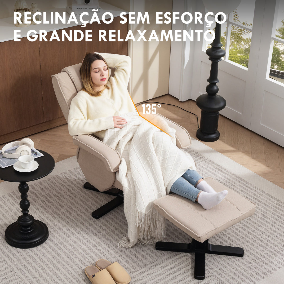 Poltrona Relax Reclinável com Apoio para os Pés Poltrona Giratória Estofada em Linho com Base de Madeira Função Baloiço Poltrona para Quarto Sala de Estar 67x87x96 cm Bege — foto 4