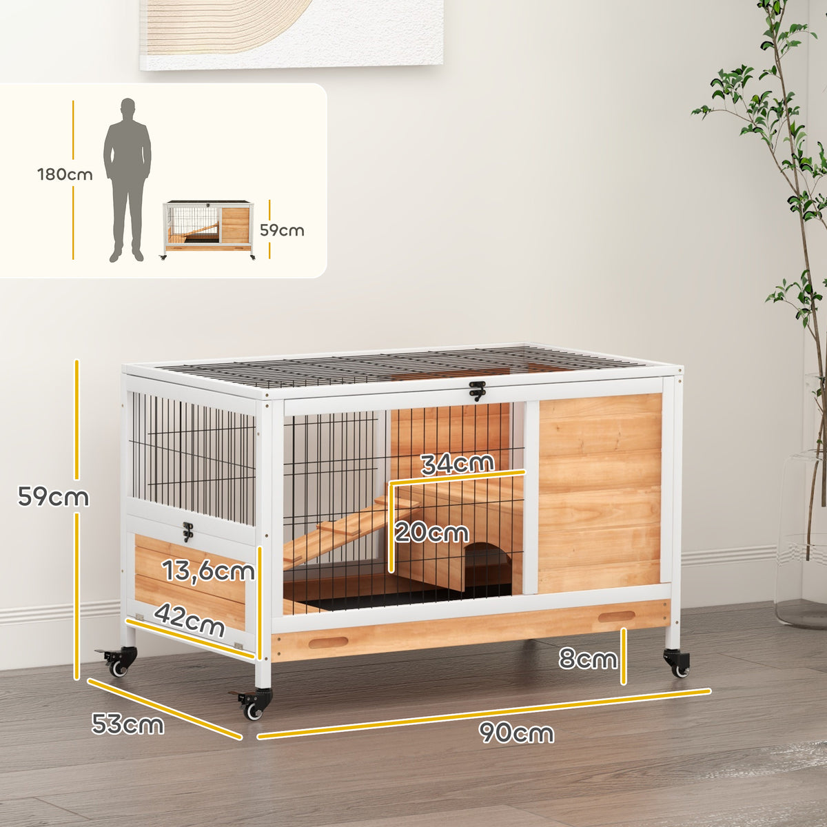 Coelheira de Madeira Gaiola de para Pequenos Animais Portátil com Teto Abatível Rampa Bandeja Removível para Coelhos da Índia 90x53x59 cm Madeira — foto 3