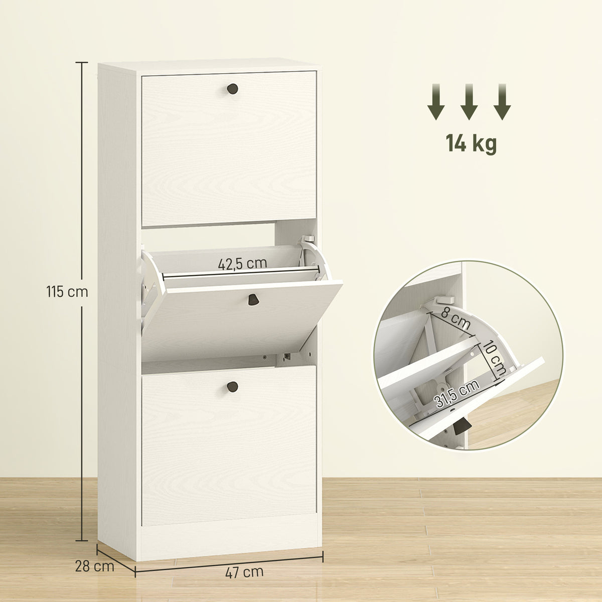 Sapateira Estreita com 3 Portas Abatíveis Sapateira para Entrada com Prateleiras Ajustáveis para 12 Pares de Sapatos para Corredor Espaços Reduzidos 47x28x115 cm Branco — foto 3