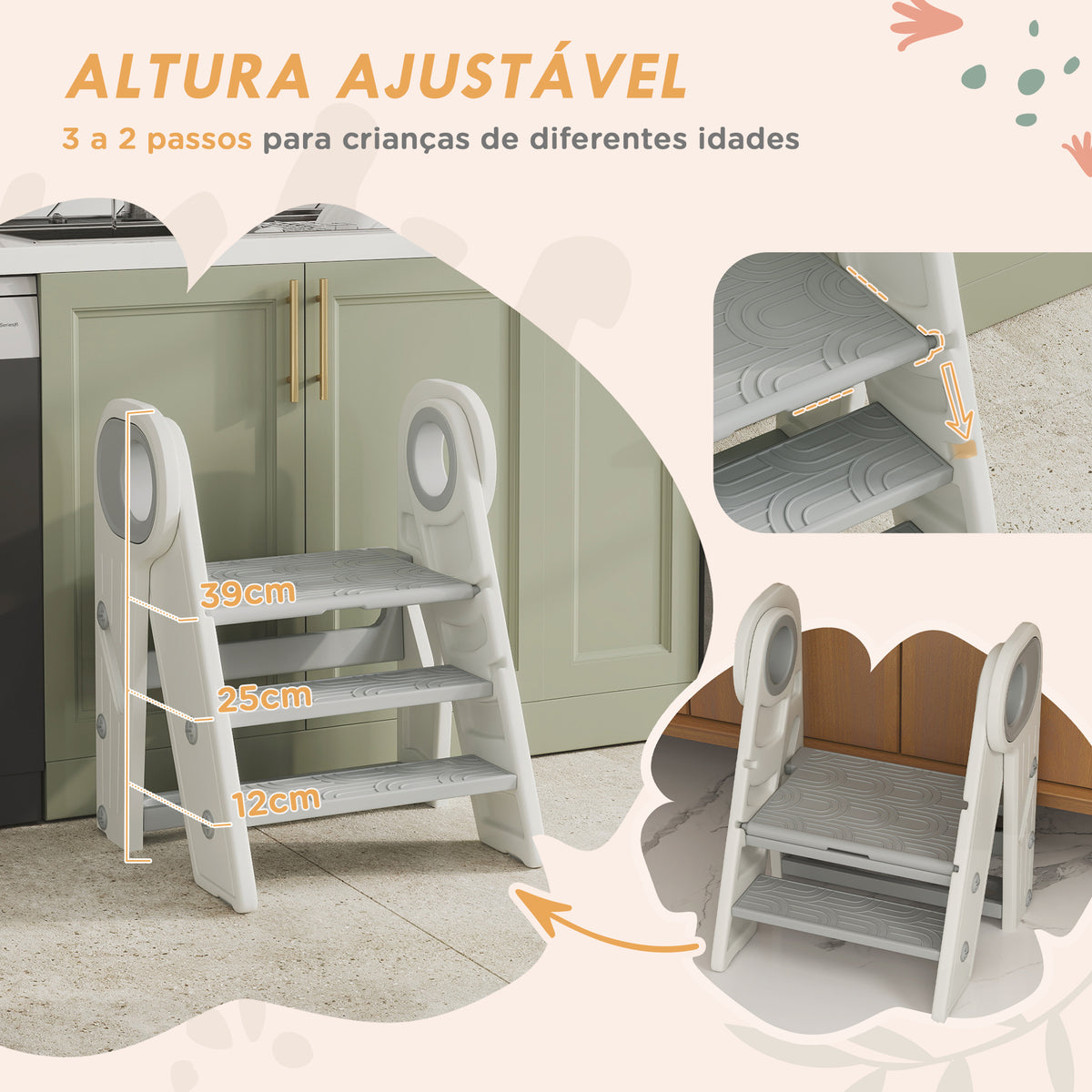 Banco para Crianças Dobrável Torre de Aprendizagem Escada para Crianças de 18-60 Meses Antiderrapante para Casa de Banho Cozinha Dormitório 46,5x47x61,5 cm Cinza e Branco — foto 5
