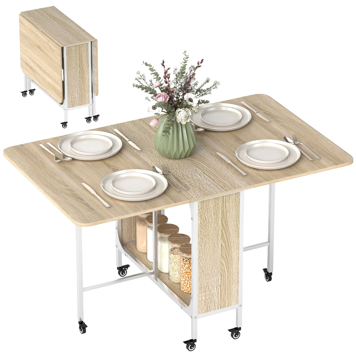 HOMOM Mesa de Cozinha Dobrável Mesa de Refeição Dobrável com Rodas Laterais Abatíveis e Prateleira Mesa Dobrável para Sala de Jantar 130x80x74 cm Madeira e Branco — foto 1