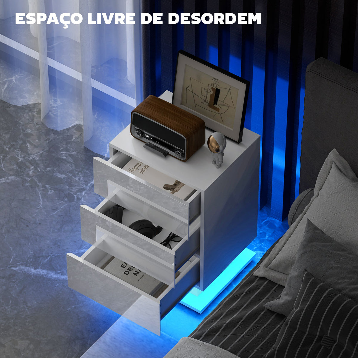 Mesa de Cabeceira com Faixa de Luz LED Multicolor Variável Mesa Auxiliar com 3 Gavetas Estilo Moderno Mesa Lateral para Dormitório Sala de Estar 40x35x60 cm Branco Brilhante — foto 5