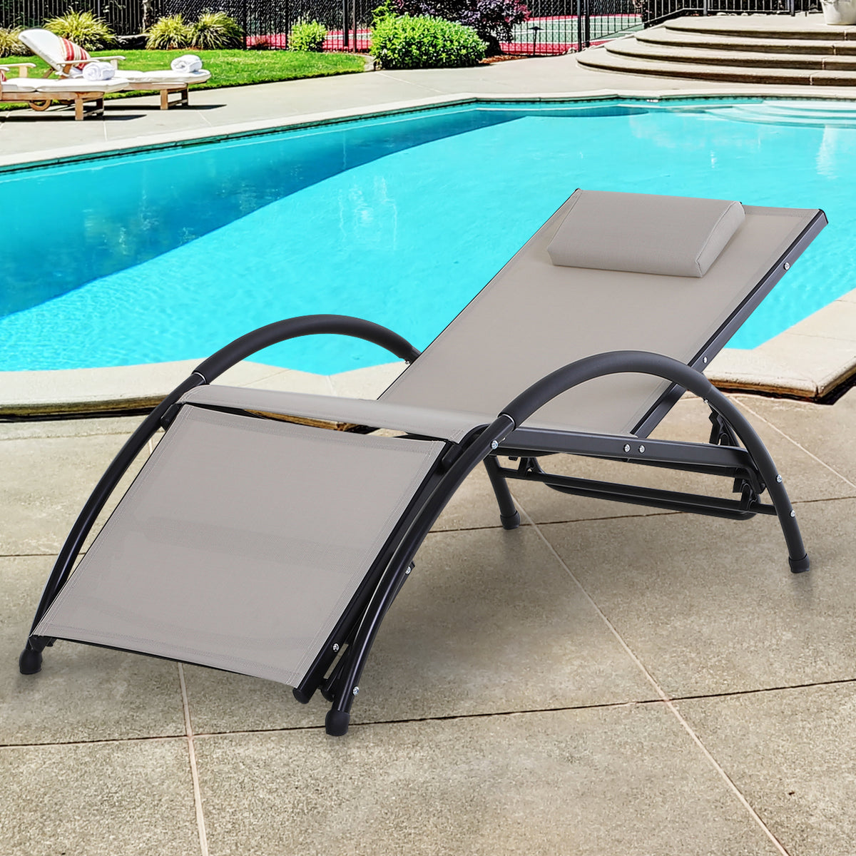 Espreguiçadeira de Jardim Reclinável com Encosto Ajustável de 5 Níveis Apoio para os Pés Regulável e Apoio para a Cabeça Removível para Terraço Balcão Exterior 66x152x81cm Bege — foto 2