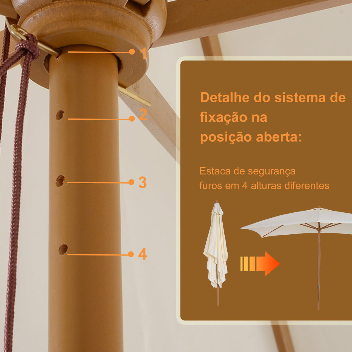 Chapéu de Sol de Jardim com Sistema de Polia Teto Ventilado e Mastro de Madeira para Terraço Pátio Exterior 2,95x2x2,55m Creme — foto 6