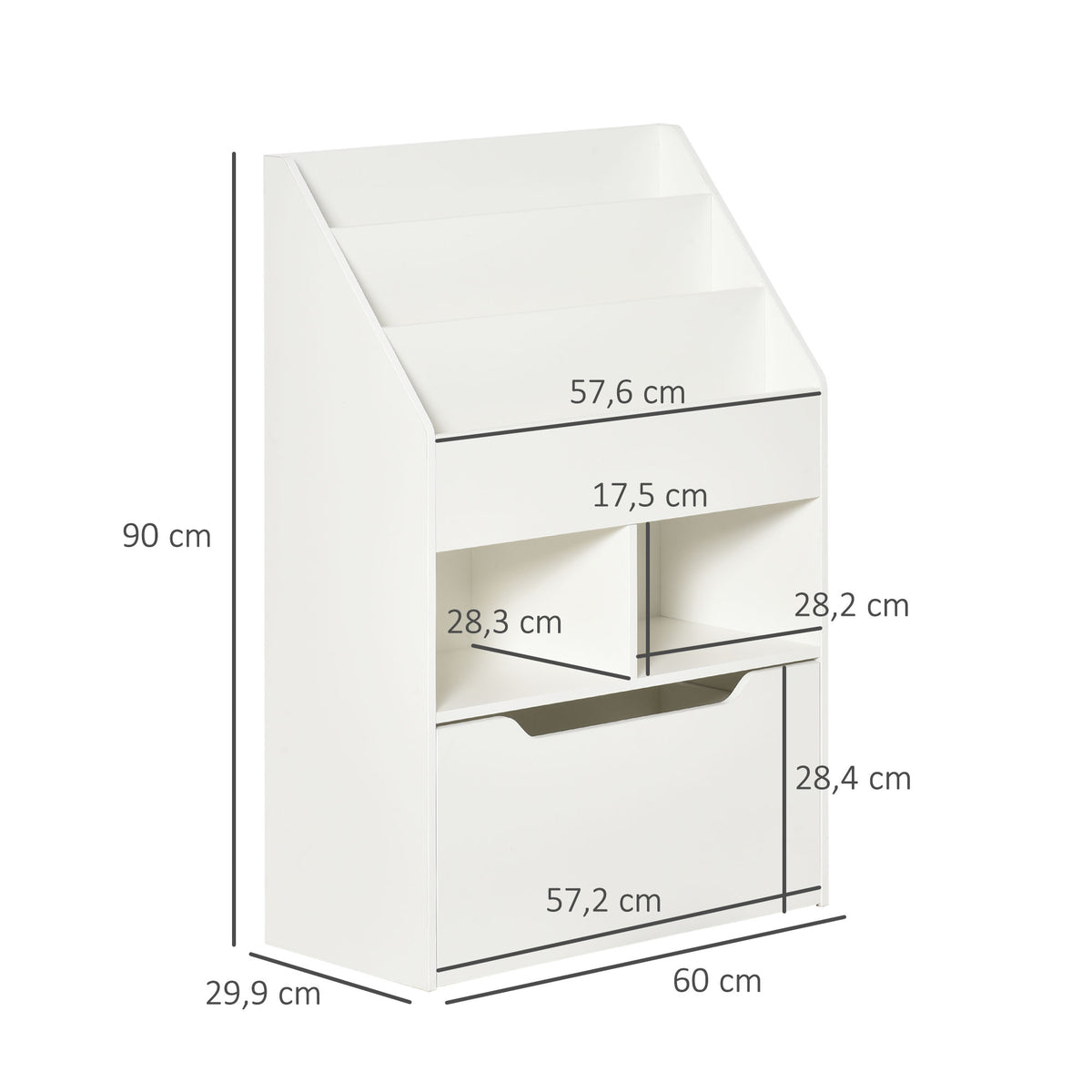 Estante de Madeira para Brinquedos com 3 Compartimentos 2 Cubos e Gaveta Móvel com 4 Rodas Estante para Livros Infantil para Dormitório Infantil Sala de Jogos 60x29,9x90cm Branco — foto 3